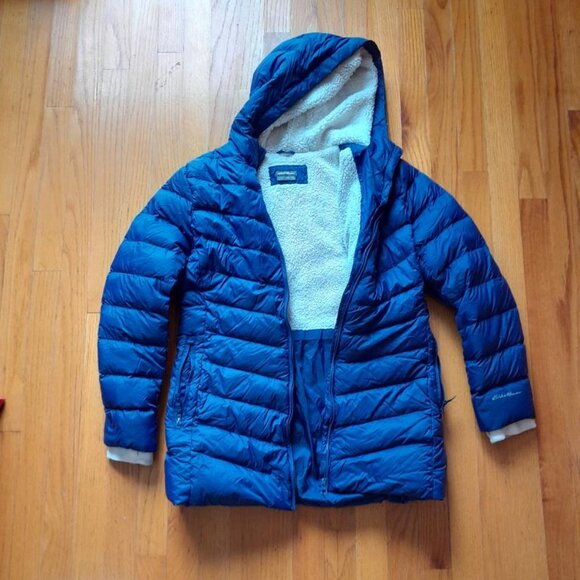 Eddie Bauer Kids size 14 Sherpa lined Down Coat.  Blue. - Picture 5 of 7
